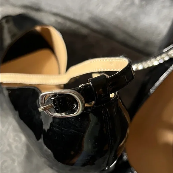Black Patent Peep-Toe Platform 6 inch Heels with Rhinestone Ankle Strap - Picture 10 of 16